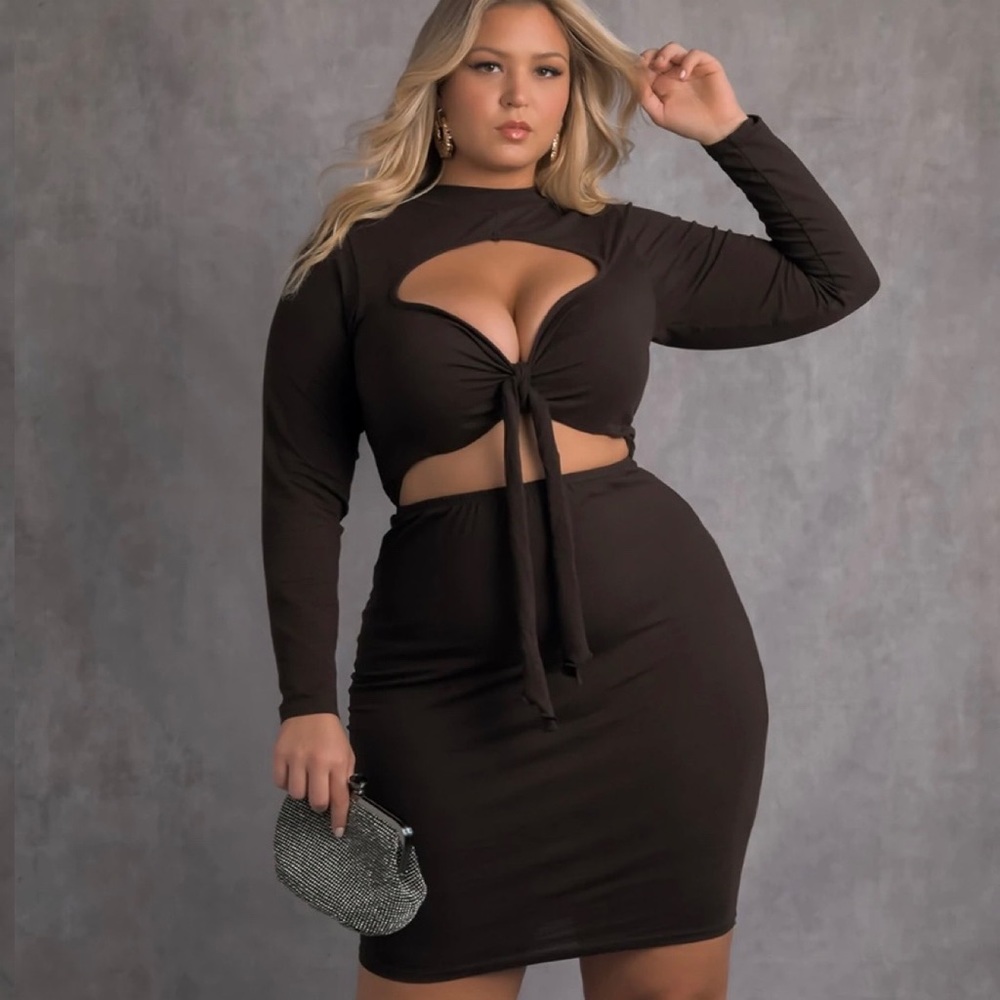 UP & UP" FRONT TIE KEYHOLE LONG SLEEVE MINI DRESS